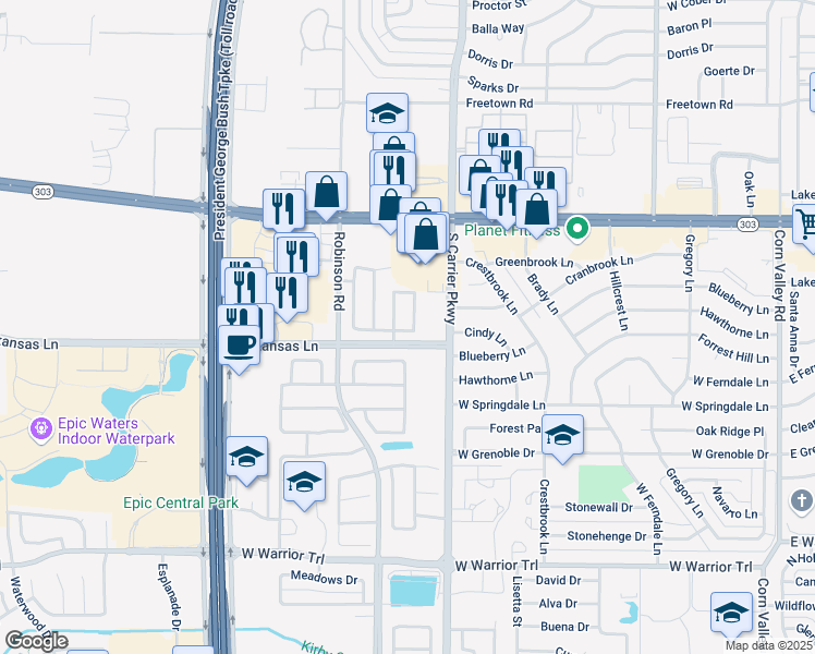 map of restaurants, bars, coffee shops, grocery stores, and more near 2651 Brookvalley Lane in Grand Prairie