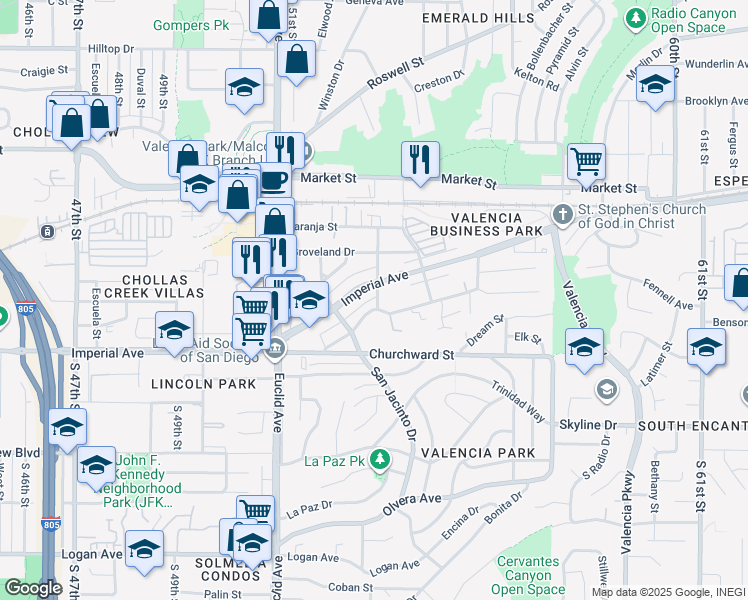 map of restaurants, bars, coffee shops, grocery stores, and more near 216 53rd Street in San Diego