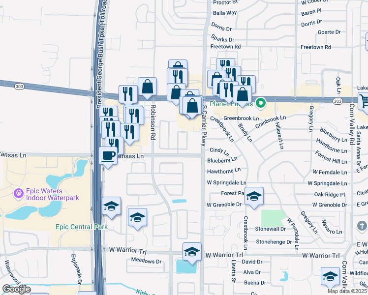 map of restaurants, bars, coffee shops, grocery stores, and more near 2651 Brookvalley Lane in Grand Prairie
