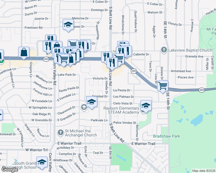 map of restaurants, bars, coffee shops, grocery stores, and more near 2620 Isbella Drive in Grand Prairie