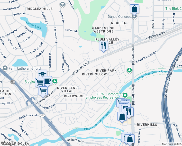 map of restaurants, bars, coffee shops, grocery stores, and more near 2902 Rivergrove Court in Fort Worth