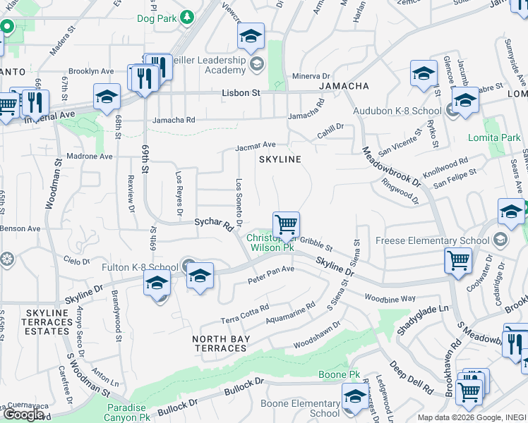 map of restaurants, bars, coffee shops, grocery stores, and more near 215 Winewood Street in San Diego