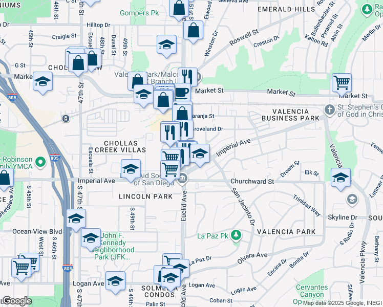 map of restaurants, bars, coffee shops, grocery stores, and more near 5155 Castana Street in San Diego