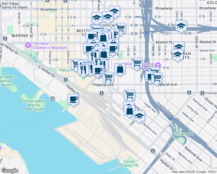 map of restaurants, bars, coffee shops, grocery stores, and more near 1037 National Avenue in San Diego