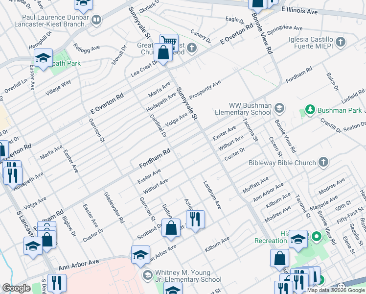 map of restaurants, bars, coffee shops, grocery stores, and more near 2614 Fordham Road in Dallas
