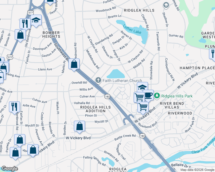 map of restaurants, bars, coffee shops, grocery stores, and more near 6900 Culver Avenue in Fort Worth