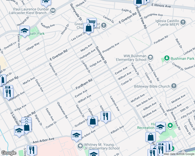 map of restaurants, bars, coffee shops, grocery stores, and more near 2614 Fordham Road in Dallas