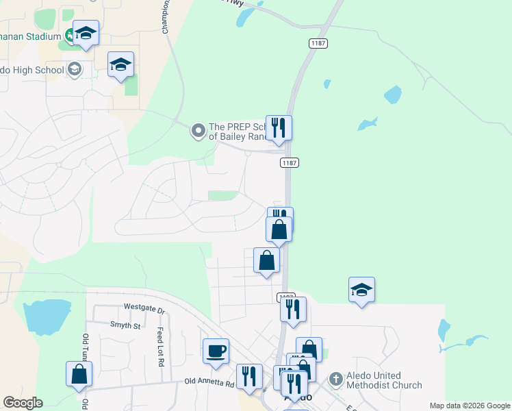 map of restaurants, bars, coffee shops, grocery stores, and more near 200 Bluestem Lane in Aledo