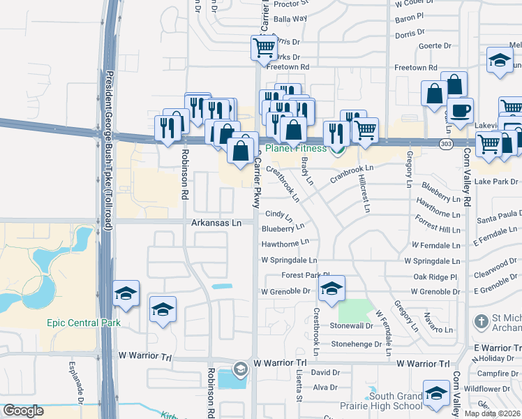 map of restaurants, bars, coffee shops, grocery stores, and more near 746 Cindy Lane in Grand Prairie