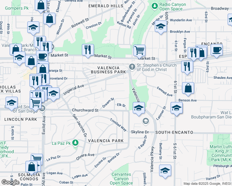 map of restaurants, bars, coffee shops, grocery stores, and more near 5581 Santa Margarita Street in San Diego