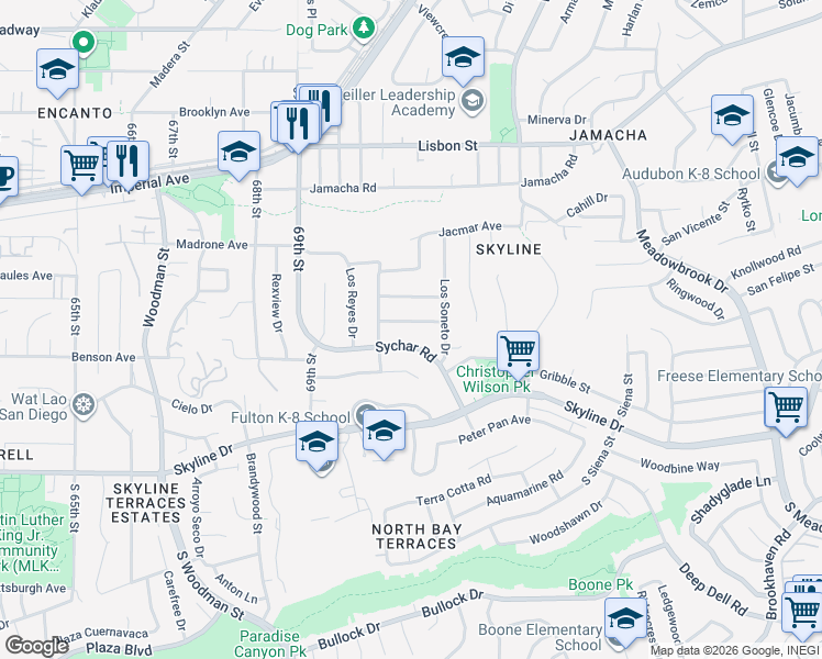 map of restaurants, bars, coffee shops, grocery stores, and more near 7043 Springford Ave in San Diego