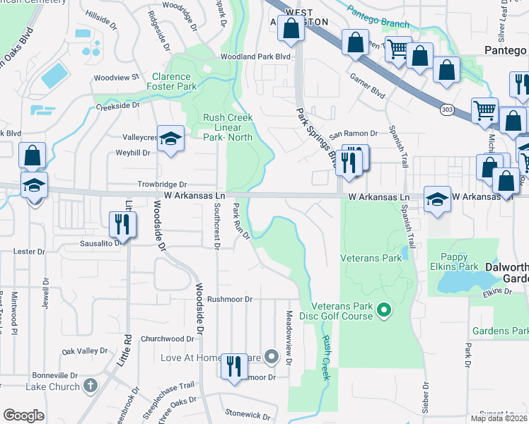 map of restaurants, bars, coffee shops, grocery stores, and more near 2300 Panorama Court in Arlington