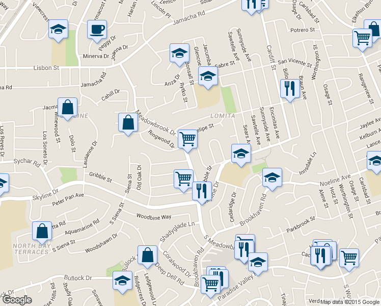 map of restaurants, bars, coffee shops, grocery stores, and more near 249 Meadowbrook Dr in San Diego