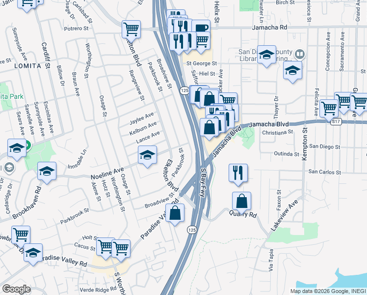 map of restaurants, bars, coffee shops, grocery stores, and more near 557 Parkbrook Street in Spring Valley