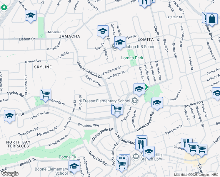 map of restaurants, bars, coffee shops, grocery stores, and more near 249 Meadowbrook Drive in San Diego