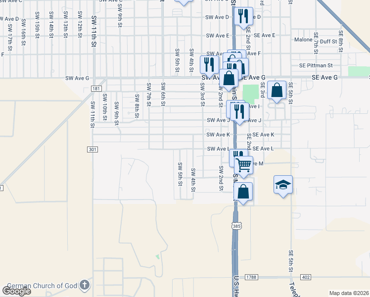 map of restaurants, bars, coffee shops, grocery stores, and more near 404 Southwest Avenue L in Seminole