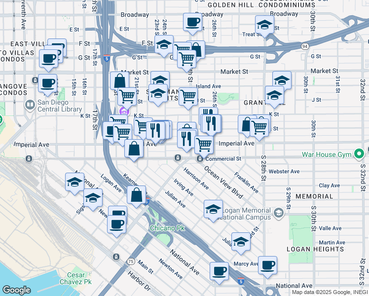 map of restaurants, bars, coffee shops, grocery stores, and more near in San Diego
