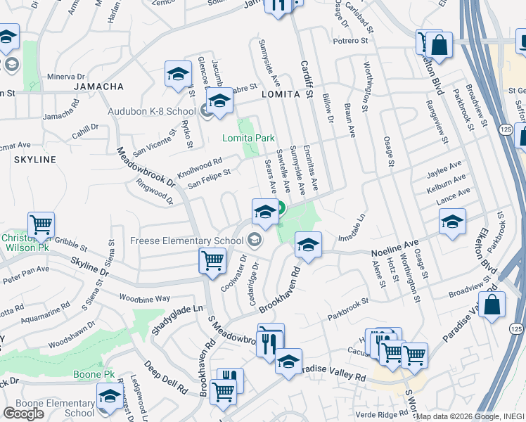 map of restaurants, bars, coffee shops, grocery stores, and more near 8264 Skyline Drive in San Diego