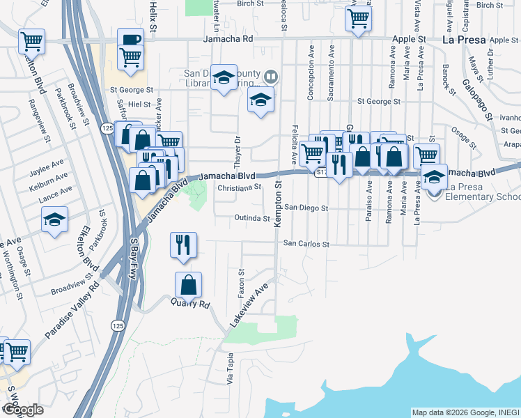 map of restaurants, bars, coffee shops, grocery stores, and more near 9119 Piel Place in Spring Valley