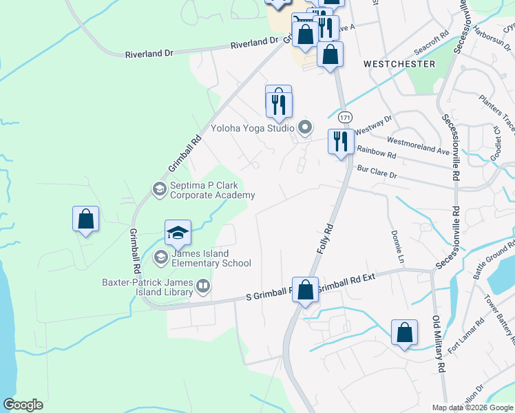 map of restaurants, bars, coffee shops, grocery stores, and more near 1555 Scott Hill Road in Charleston