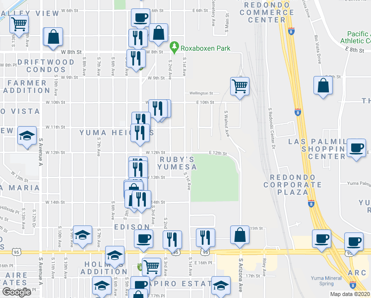 map of restaurants, bars, coffee shops, grocery stores, and more near 1177 South 1st Avenue in Yuma