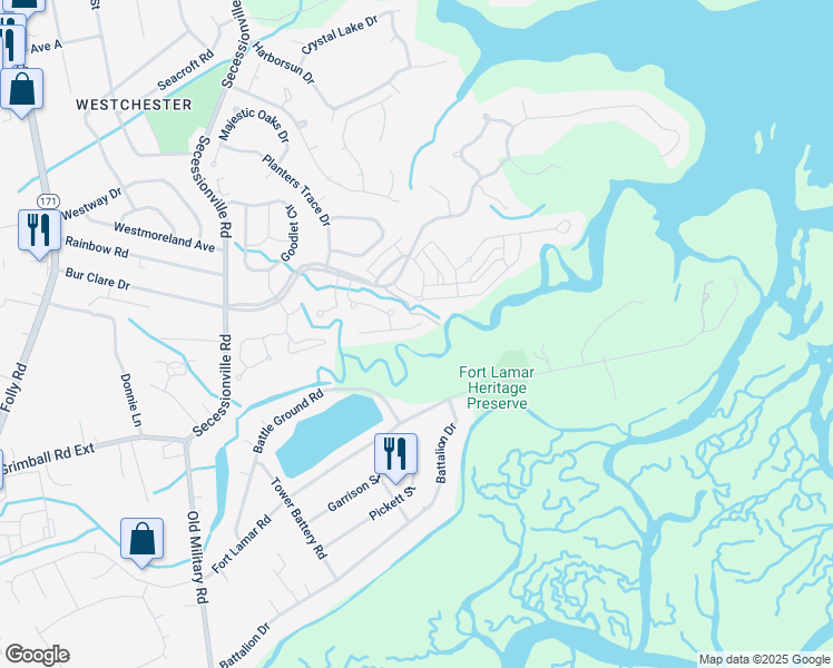 map of restaurants, bars, coffee shops, grocery stores, and more near 1213 Caperton Way in Charleston