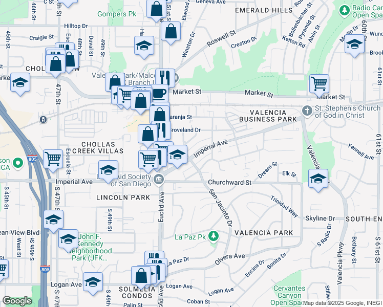 map of restaurants, bars, coffee shops, grocery stores, and more near 5212 Imperial Avenue in San Diego