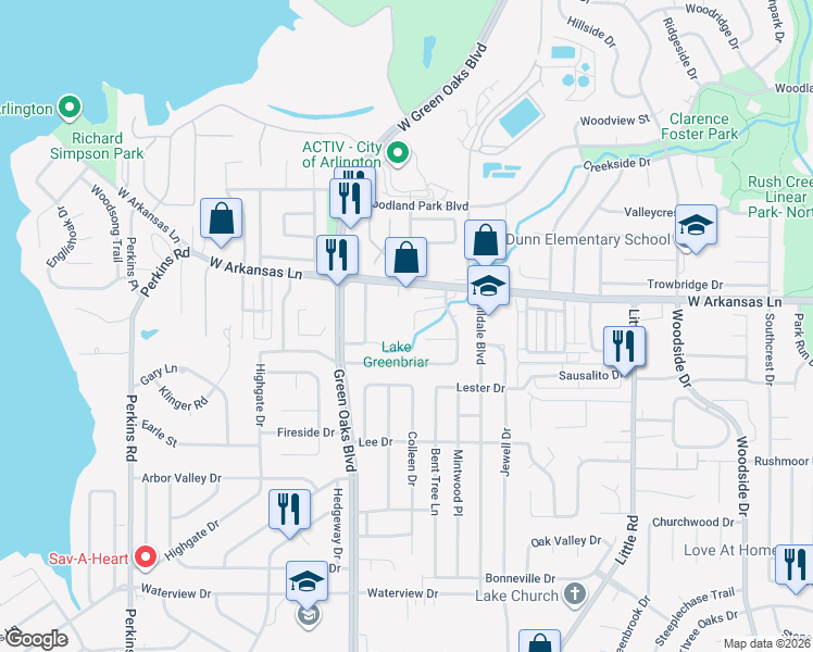 map of restaurants, bars, coffee shops, grocery stores, and more near 2310 Chimney Court in Arlington