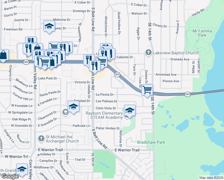map of restaurants, bars, coffee shops, grocery stores, and more near 1007 Baja Drive in Grand Prairie