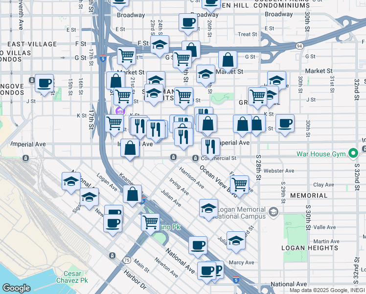 map of restaurants, bars, coffee shops, grocery stores, and more near 2483 Imperial Avenue in San Diego