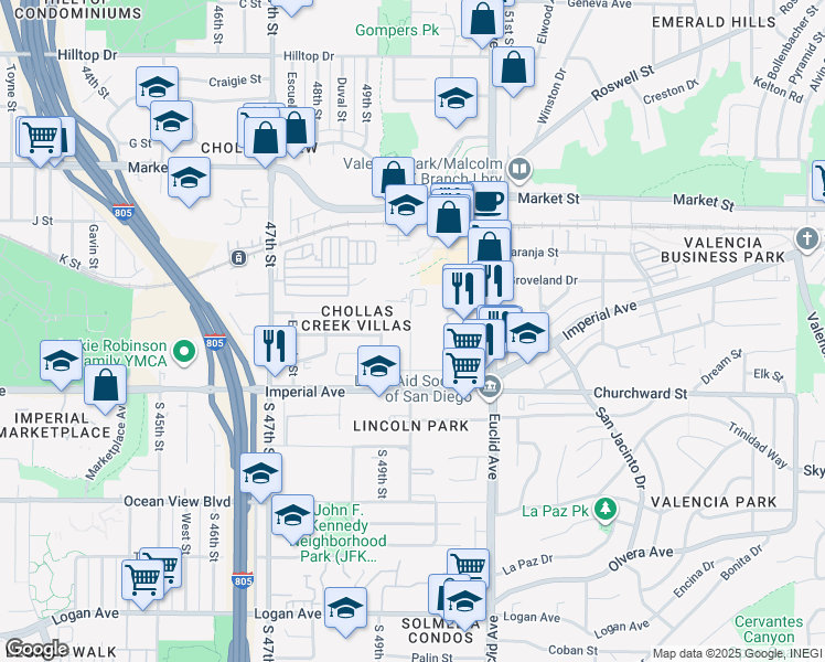 map of restaurants, bars, coffee shops, grocery stores, and more near 313 1/2 Willie James Jones Avenue in San Diego