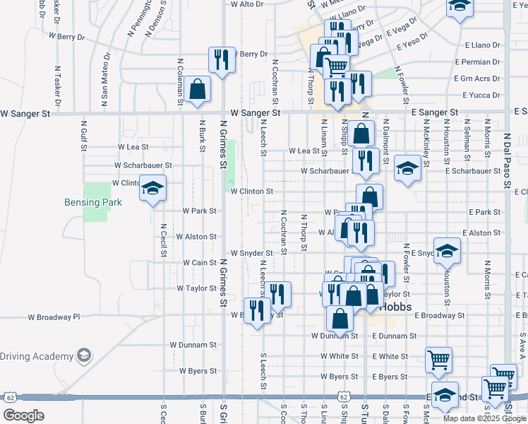 map of restaurants, bars, coffee shops, grocery stores, and more near West Park Street in Hobbs