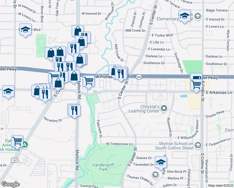 map of restaurants, bars, coffee shops, grocery stores, and more near 2302 Long Ridge Lane in Arlington