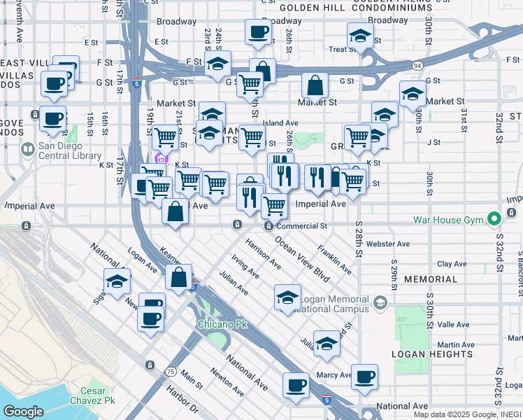 map of restaurants, bars, coffee shops, grocery stores, and more near 2501 Imperial Avenue in San Diego
