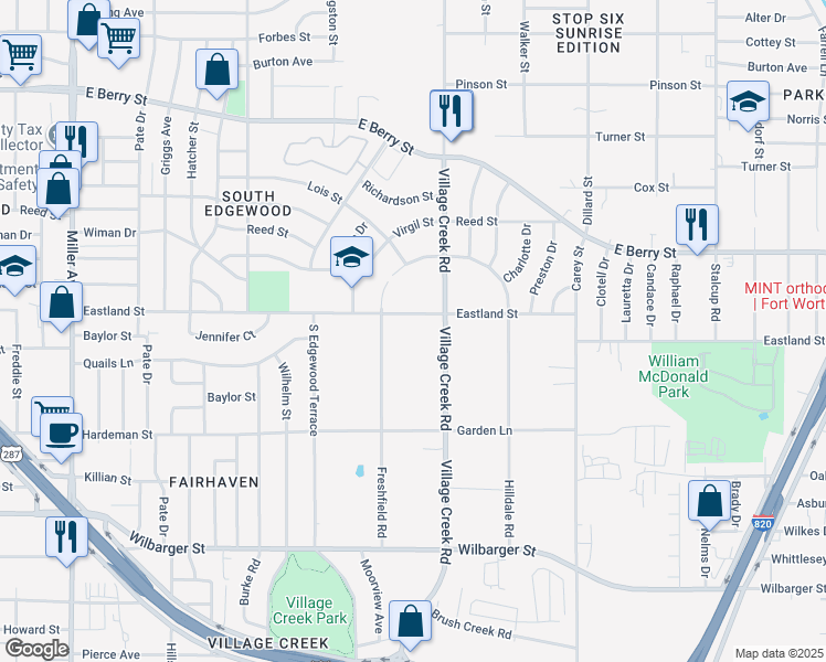 map of restaurants, bars, coffee shops, grocery stores, and more near 4924 Eastland Street in Fort Worth