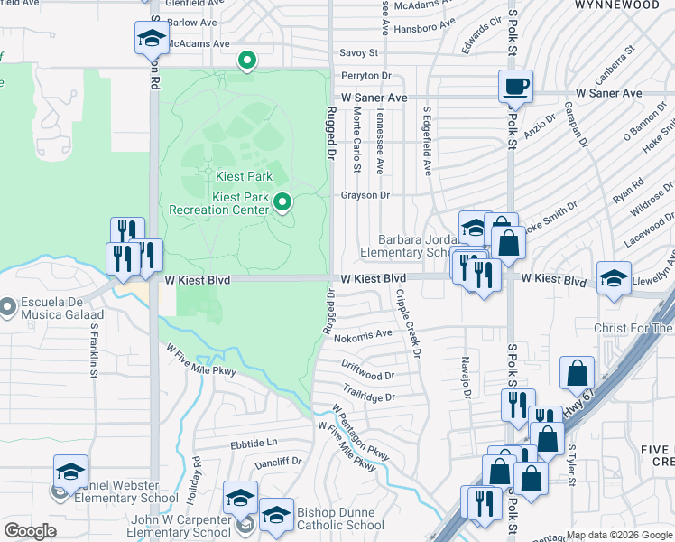 map of restaurants, bars, coffee shops, grocery stores, and more near 3486 Rugged Drive in Dallas