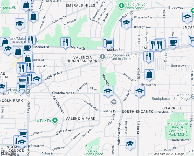 map of restaurants, bars, coffee shops, grocery stores, and more near 5685 Santa Margarita Street in San Diego