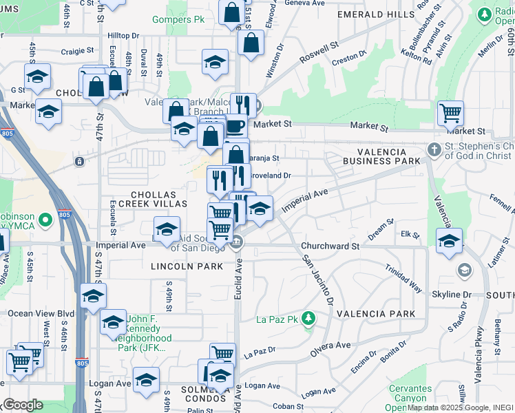 map of restaurants, bars, coffee shops, grocery stores, and more near 5155 Castana Street in San Diego