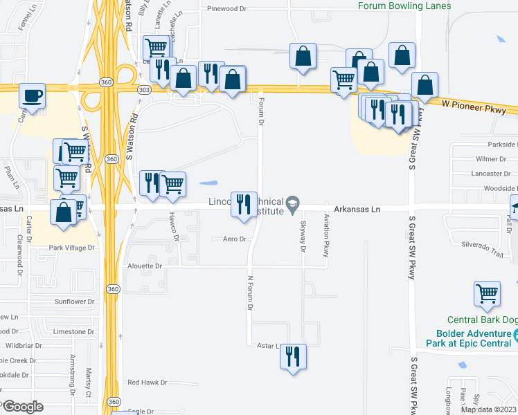 map of restaurants, bars, coffee shops, grocery stores, and more near Arkansas Lane in Arlington