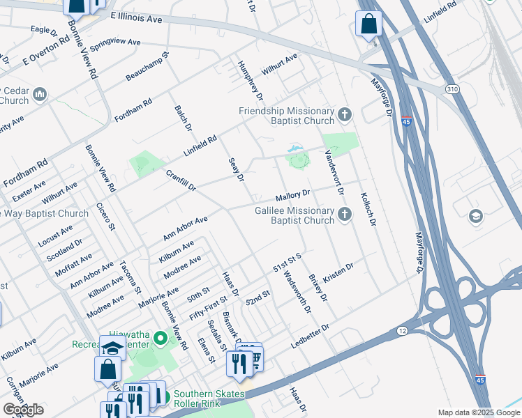 map of restaurants, bars, coffee shops, grocery stores, and more near 3100 Mallory Dr in Dallas