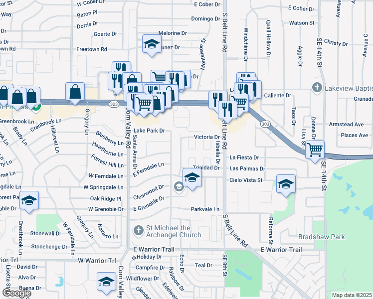 map of restaurants, bars, coffee shops, grocery stores, and more near 2619 San Sabastian Circle in Grand Prairie