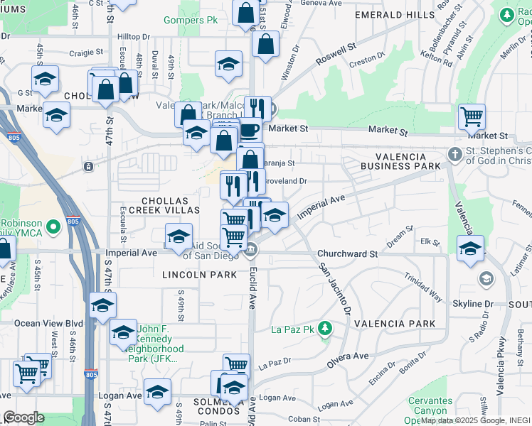 map of restaurants, bars, coffee shops, grocery stores, and more near 5155 Castana Street in San Diego