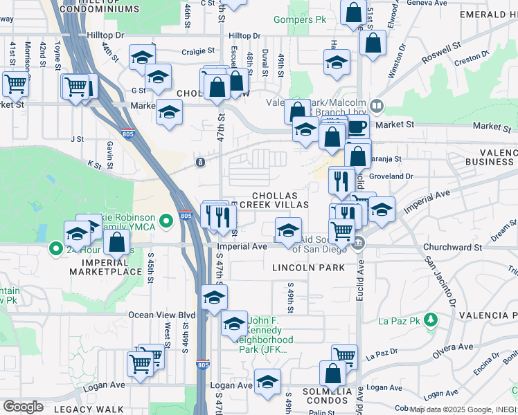 map of restaurants, bars, coffee shops, grocery stores, and more near 4806 Nogal Street in San Diego