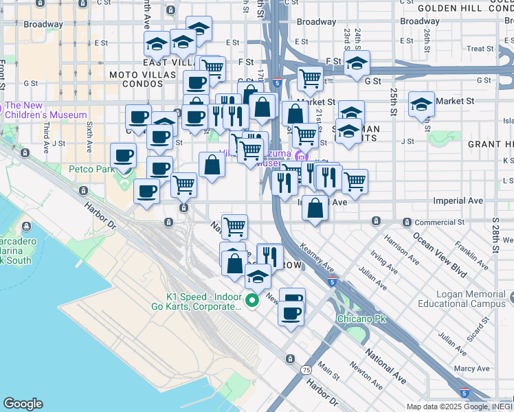 map of restaurants, bars, coffee shops, grocery stores, and more near 43 17th Street in San Diego