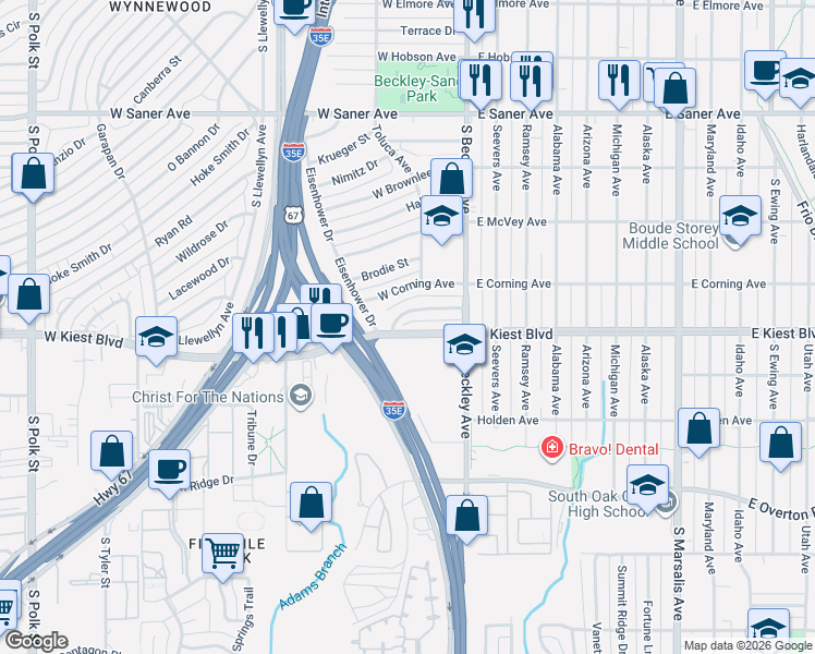 map of restaurants, bars, coffee shops, grocery stores, and more near 147 West Kiest Boulevard in Dallas