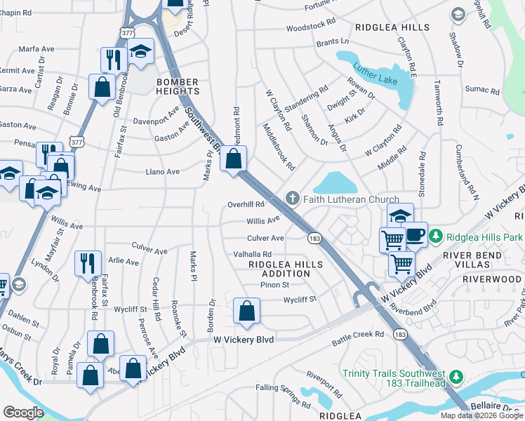map of restaurants, bars, coffee shops, grocery stores, and more near 7004 Willis Avenue in Fort Worth