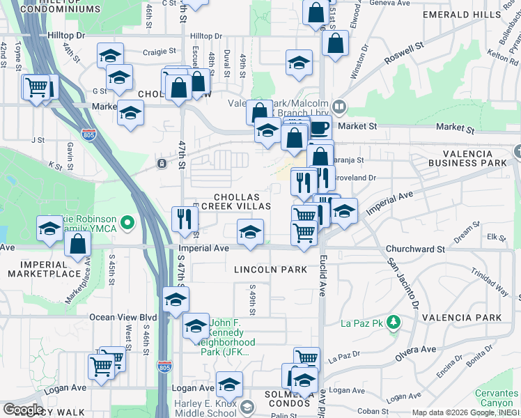 map of restaurants, bars, coffee shops, grocery stores, and more near 262 Willie James Jones Avenue in San Diego