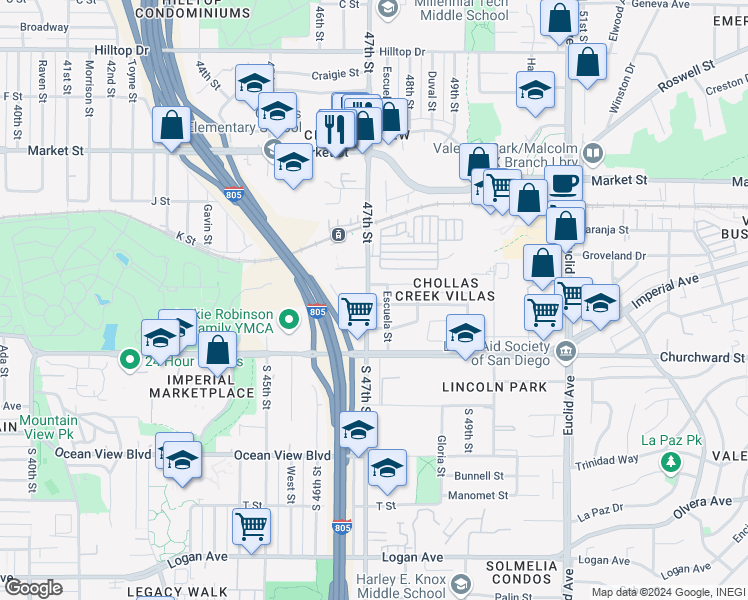 map of restaurants, bars, coffee shops, grocery stores, and more near 4712 Nogal Street in San Diego