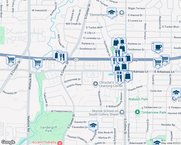 map of restaurants, bars, coffee shops, grocery stores, and more near 512 East Arkansas Lane in Arlington