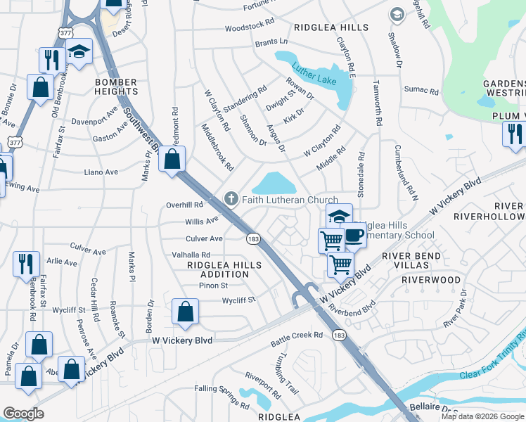 map of restaurants, bars, coffee shops, grocery stores, and more near 6900 Culver Avenue in Fort Worth